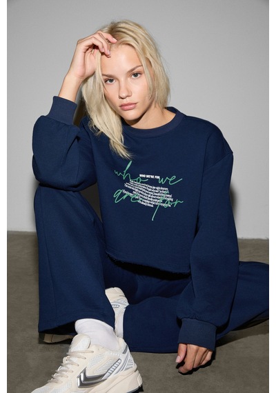 Ethıquet Qerks Kadın Baskı Detaylı Oversize Lacivert Sweatshirt Lacivert