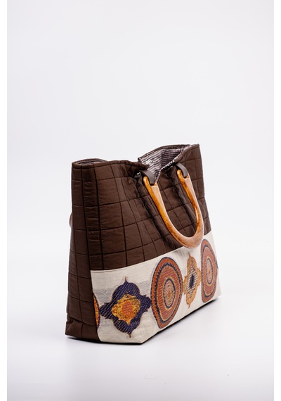 Fabric Craft Bag Ahşap Saplı El Çantası Kahverengi Kapitone 46x30 Cm Kahverengi