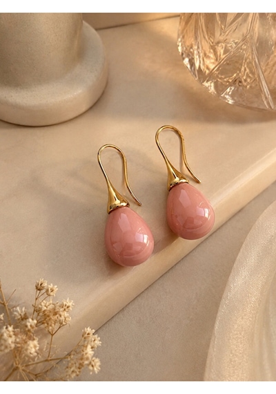 Pudra Pembe Damla Küpe Gold Detaylı Şık Kadın Küpe