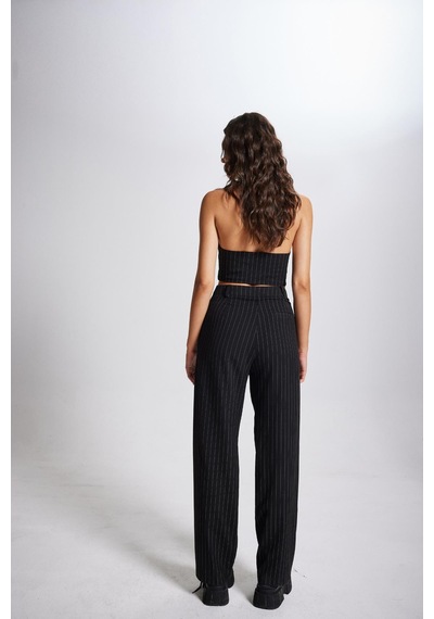 Holly Lolly Yüksek Bel Kumaş Striped Pantolon Siyah