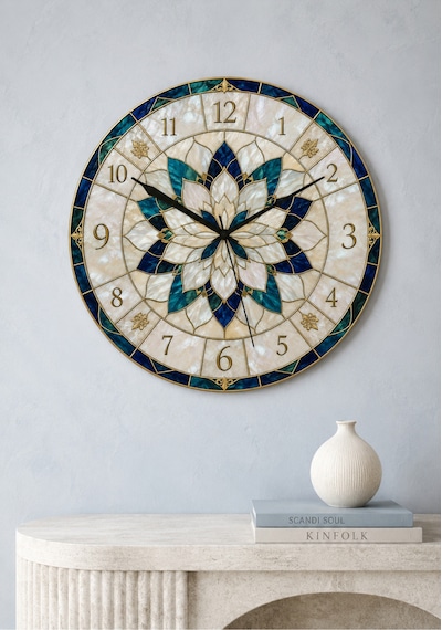 AA Shop Ve Vitray Görünümlü Dekoratif Baskılı Ahşap Duvar Saati 45 Cm Sessiz Akar Mekanizma 887 Çoklu Renkli