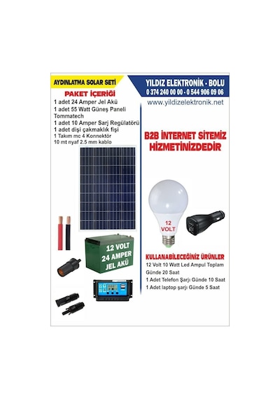 Solar Aydınlatma Seti- 55watt Panel - 24 Amper Jel Akü