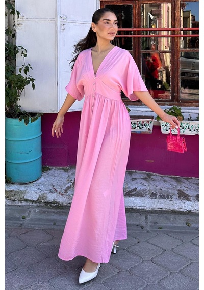 Madmext Pembe V Yaka Düğmeli Elbise Mg2339 Pembe
