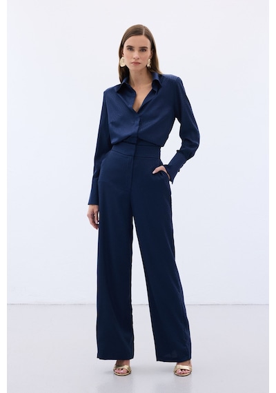 Sateen Jakarlı Pantolon - Lacivert-136611 Lacivert