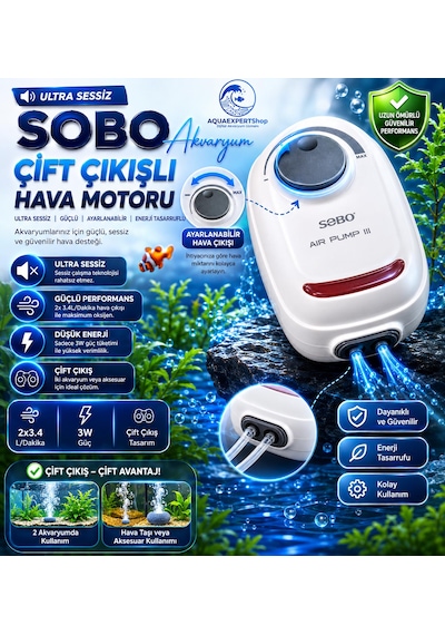 Akvaryum Hava Motoru - Çift Çıkışlı - Ultra Sessiz - Ayarlanabilir Hava Çıkışı - Ar-10 - 3w - 2x3.4lt/dakika