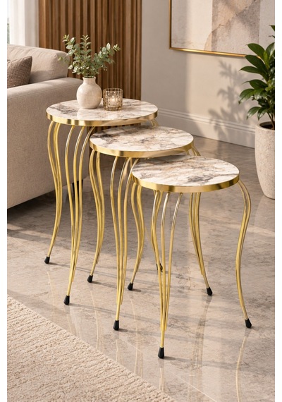 Sulorahome Beyaz Ve Gold Lükens Ayaklı 3'lü Zigon Sehpa Takımı Beyaz - Altın