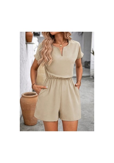 Butik İstanbul Kadın Kısa Kollu V Yakalı Beli Lastikli Kısa Ithal Krep Tulum Bej