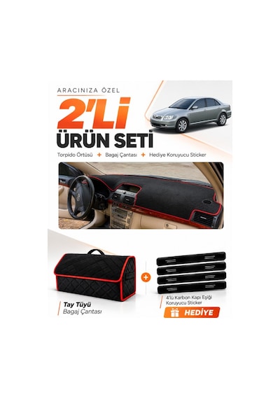 Toyota Avensis Ekranlı T250 2003-2008 Uyumlu Torpido Örtüsü + Tay Tüyü Çanta Seti - Siyah Kırmızı