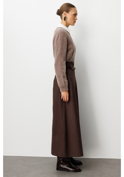 Mizalle Yuvarlak Yaka Oversize Yumuşak Dokulu Vizon Rengi Triko Kazak Vizon