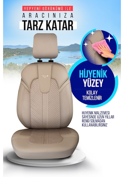 Bej - Bej Panda Monte Carlo Serisi Velor Kadife Kumaş Oto Koltuk Kılıfı - Tam Set