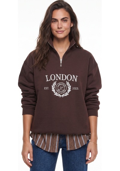 Onloox Kadın Kahverengi Kahverengi Pamuklu Dik Yaka Oversize London İşlemeli Fermuar Detaylı Şardonlu Sweatshirt Onloox Kadın Kahverengi Kahverengi Pamuklu Dik Yaka Oversize London İşlemeli Fermuar Detaylı Şardonlu Sweatshirt