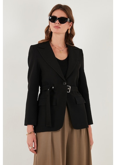 Lela Regular Fit Kruvaze Yaka Kemerli Blazer Bayan Ceket 6839367 Siyah