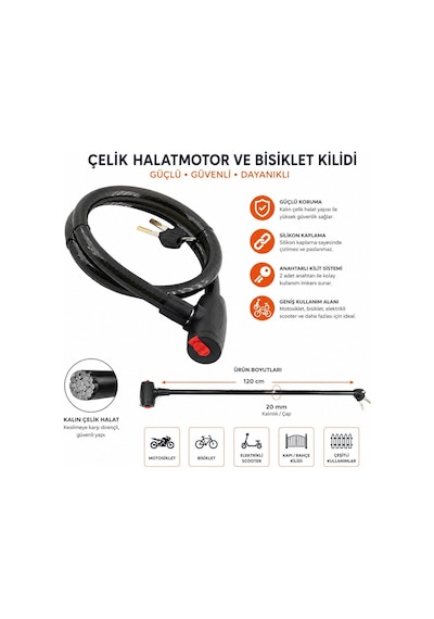 Orret Home 120 Cm Çelik Halat Motorsiklet Kilidi Bisiklet Kilidi Silikon Kaplamalı Güvenlik Kilidi Anahtarlı Kablo K Çok Renkli