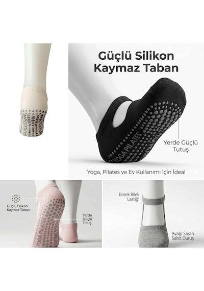 Kaymaz Taban Yoga Ve Pilates Çorabı 4 Lü Kadın, Silikon Tabanlı Nefes Alabilir Bilek Bantlı Çorap, E Beyaz