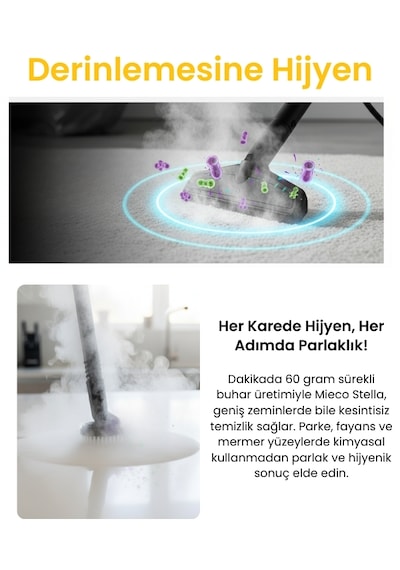 Mieco Stella 2000W Çok Fonksiyonlu Buharlı Temizleyici - Buharlı Temizlik Makinesi +Ütü Başlığı