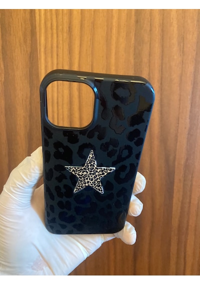 Apple iPhone Uyumlu 13/14 Leopar Baskılı İçi Kadife Silikon Telefon Kılıfı Siyah