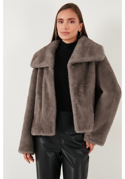 Lela Oversize Fit Geniş Yaka Astarlı Bayan Kürk 497Afra Gri