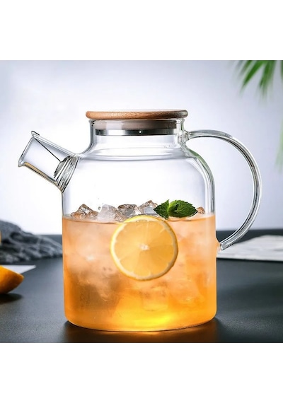 Borosilikat Cam Bambu Kapaklı Bitki Çayı Demliği & Sürahi 1500 Ml Şeffaf