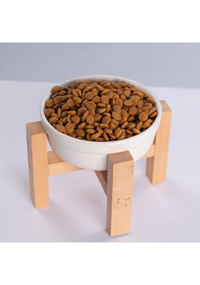 Beyaz Ahşap Standlı Seramik Mama/ Su Kabı Kedi Köpek Mama Su Kabı