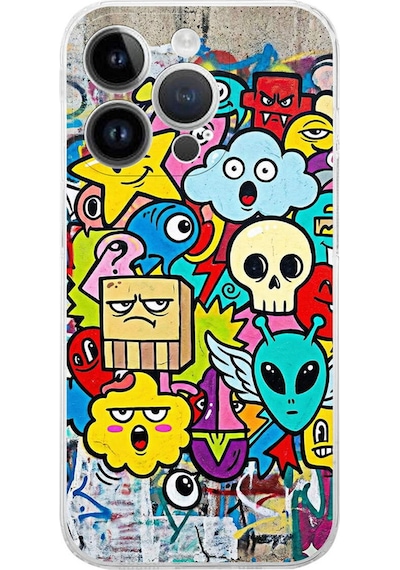 Apple Uyumlu iPhone 14 Pro Max İle Grafiti Doodle Tasarımlı Şeffaf Silikon Kılıf Şeffaf
