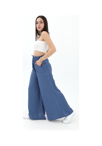 Wpr Geniş Kemerli Bol Paça Düz Keten Kadın Pantolon - Mavi-mavi Mavi Wpr Geniş Kemerli Bol Paça Düz Keten Kadın Pantolon - Mavi-mavi Mavi