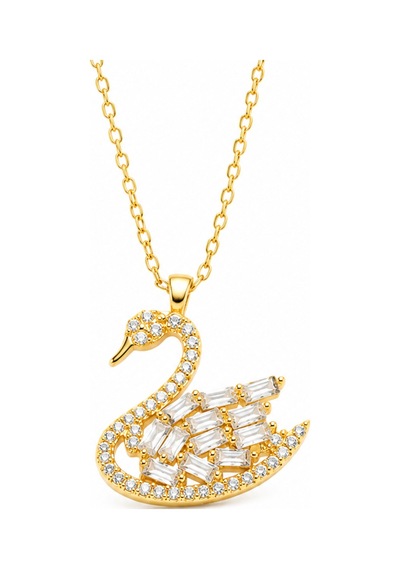 Gümüş Gold Baget Taşlı Kuğu Kadın Kolye Gri