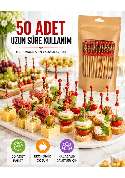 50 Adet Dekoratif Kırmızı Örgülü Bambu Kürdan 12 Cm Kokteyl Parti Kanepe Sunum Çubuğu Seti Paket