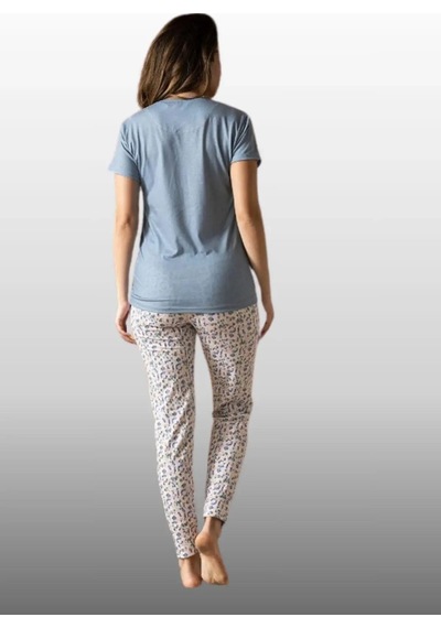 Simala Kadın Mavi Renk Desenli Pamuklu Kısa Kol Pijama Takımı Mavi