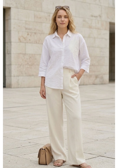 Kadın Beyaz Gömlek Düz Nakış Detaylı Uzun Kollu Oversize Şık Günlük Smart Casual Bluz - Kadın Gömlek
