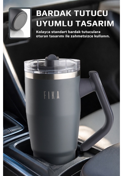 Fika Lumi Patentli Döner Kulplu Sızdırmaz Çift Ağızlıklı Çelik Termos 950 Ml Antrasit