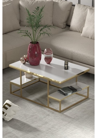 Reyo Falez Deluxe Raflı Orta Sehpa 60x90 Cm Modern Dikdörtgen Orta Sehpa Gold Beyaz Gold - Beyaz