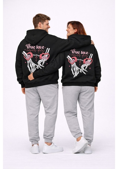 Nevermind Sevgili Kombini True Love Baskılı Oversize Siyah Hoodie Seti Unis