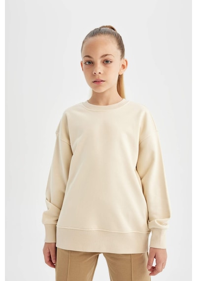 Defacto Kız Çocuk Relax Fit Bisiklet Yaka Pamuklu Basic Düz Okul Sweatshirt A2797A824AUBG286 Bej