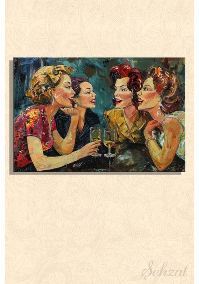 Duvar Tablosu Yatay Kanvas Tekli Salon Mutfak Yatak Odası Ofis Bar Sohbet Şık Kadın Retro Arkadaş