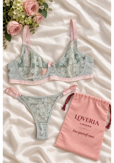 Loveria Mint Yeşili Pudra Detaylı Çiçek Nakışlı Balenli Desteksiz Sütyen Külot Takımı Yeşil Yeşil