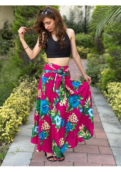 Gönülden Tasarım Bambu Kemerli Lastikli Çiçekli İspanyol Kadın Uzun Etek Pembe