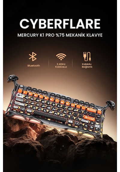 Gravastar Mercury K1 Pro Rgb Kablosuz Mekanik Gaming Klavye, Alüminyum Çerçeveli, İngilizce Q, Cyber