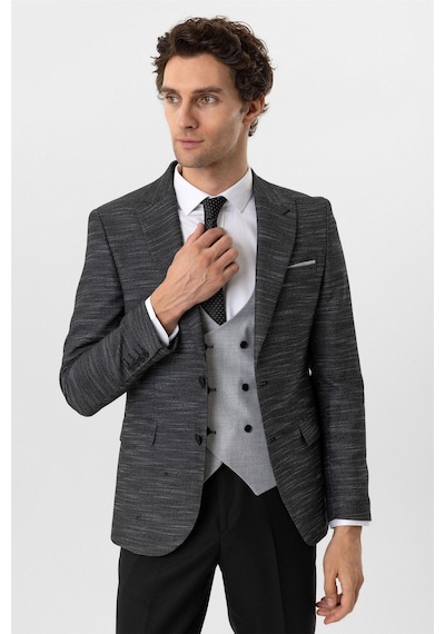 Süvari Siyah Slim Fit Desenli Sivri Yaka 6 Drop Yelekli Klasik Takım Elbise