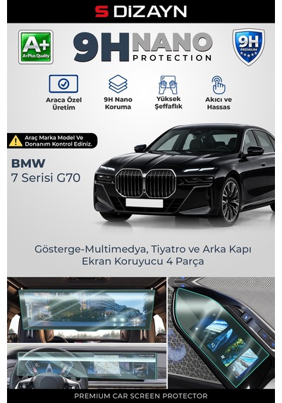 S-dizayn Bmw 7 Serisi G70 9h Nano Gösterge-multimedya, Tiyatro Ve Arka Kapı Ekran Koruyucu 4'lü Set Parlak 2023-2026 A+ Kalite