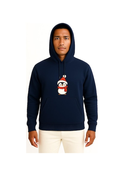Bahriyeli Collection Kapüşonlu Yılbaşı Penguen Christmas Göğüs Baskılı Unisex Sweatshirt Lacivert