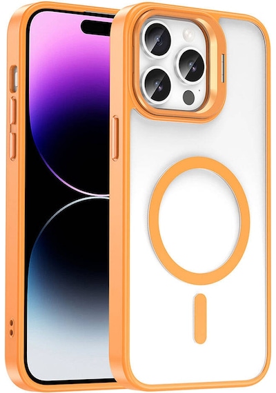 Goocamp Apple Uyumlu iPhone 14 Pro Max Kılıf Magsafe Şarj Özellikli Standlı Magsafe Klon Lensli K Turuncu