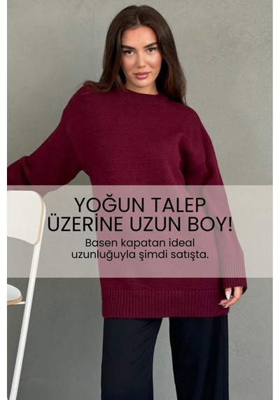 Madmext Bordo Bisiklet Yaka Oversize Uzun Kadın Triko Kazak Mg2890