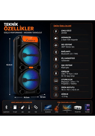 Büyük Boy Rgb Işıklı Hoparlör, 2x15w Güçlü Bass, Kablosuz Mikrofonlu, 360 Stereo Ses, Bluetooth Tws, Usb Aux