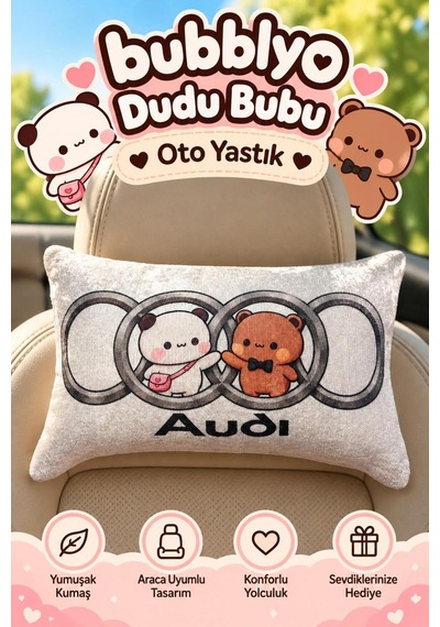 Bubblyo Audi Temalı Dekoratif Oto Yastığı Sevimli Çift Tasarım Beyaz Beyaz