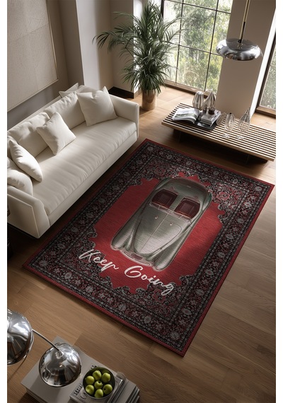 Retro 107 Kırmızı Siyah Vintage Retro Araba Figürlü Keep Going Tasarım Salon Oturma Ev Oda Halısı