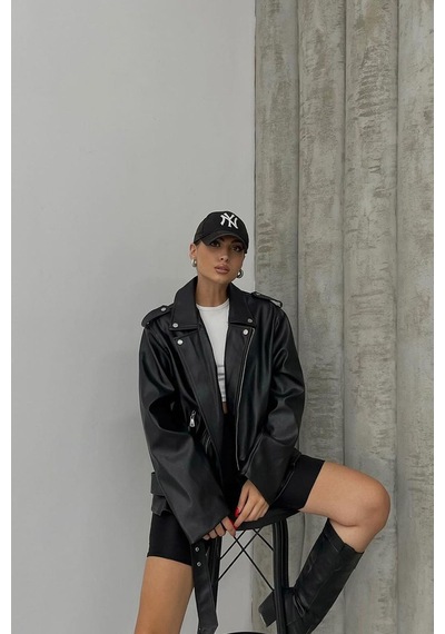 Neşeli Butik Kadın Siyah Oversize Deri Mont Nbdm5017