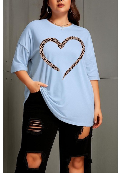 Love Kadın Büyük Beden Battal Baskılı Bisiklet Yaka Pamuklu T-shirt Rahat Kesim Unisex Sevgili Kombini Turkuaz