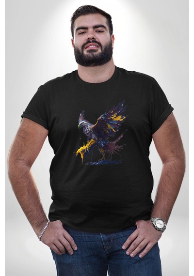 Angemiel Kara Kartal Sulu Boya Siyah Büyük Beden Erkek Kadın Unisex Basic Ön Baskılı Tişört Siyah