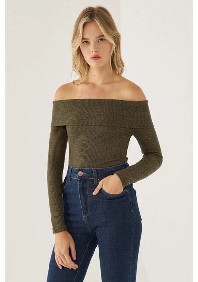 Hiccup Off Shoulder Örme Üst Yeşil