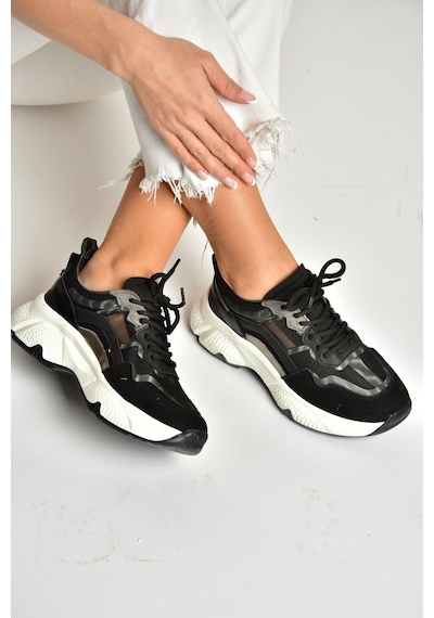 Fox Shoes U973568209 Siyah Kalın Tabanlı Spor Ayakkabı Sneakers Siyah-suni Deri Siyah